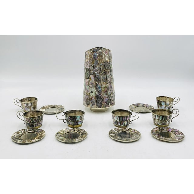 Mexican 1960s Mexican Alpaca Silver & Abalone Water Pitcher Set After Los Castillo For Sale - Image 3 of 13