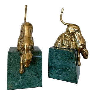 Mid Century Brass Panther and Marble Bookends - a Pair For Sale