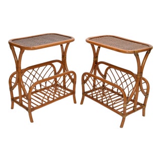 Marked Bamboo & Wicker Mid-Century Modern Side, Bedside Tables Night Stands Pair For Sale