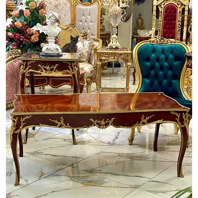French Style Wooden Coffee Table – Copper Finish With Bronze Accents For Sale - Image 4 of 6