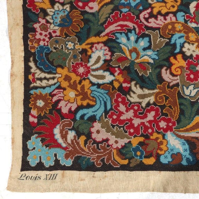 French Louis XIII Floral Needlepoint Tapestry With Flowers & Acanthus Numbered 19thC Measures - 33 3/8" x 33" x 1/8"