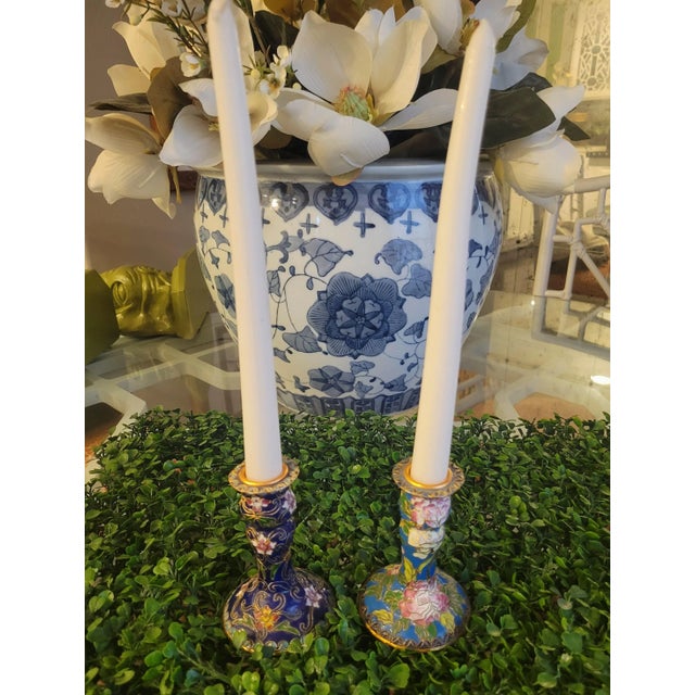 Vintage Cloisonne Navy Blue Light Blue Pink Gold Inlaid Candle Stick Taper Holders- a Pair For Sale In West Palm - Image 6 of 8