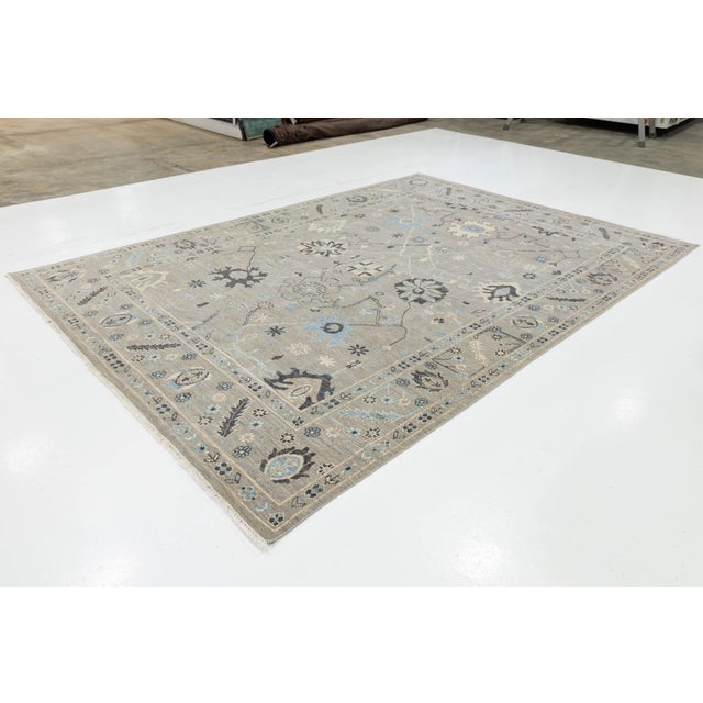 Modern Oushak Style Hand-Knotted Wool Rug – Floral Design in Sage & Slate 9x12 For Sale - Image 10 of 10