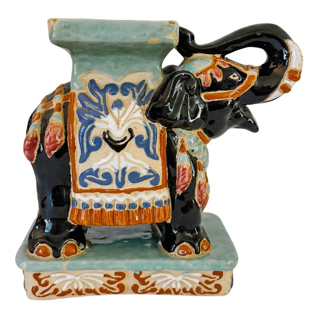 Black Vintage Chinoiserie Celadon & Black Ceramic Elephant Glazed Plant Stands / Bookends - A Pair For Sale - Image 8 of 13