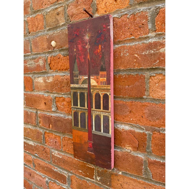 Signed Massari lower right. Oil paint on wood panel. Modernist 1960s architectural rendering of Renaissance structures;...