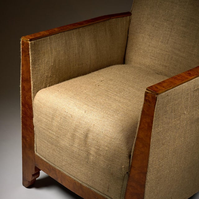 French, Art Deco Period Burled Ash Bergères, Burlap Upholstery For Sale In Austin - Image 6 of 9