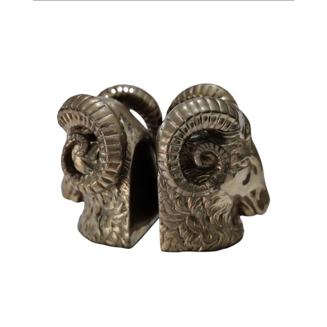 Vintage Pair of Rare Brass Ram's Head Bookends For Sale - Image 9 of 10