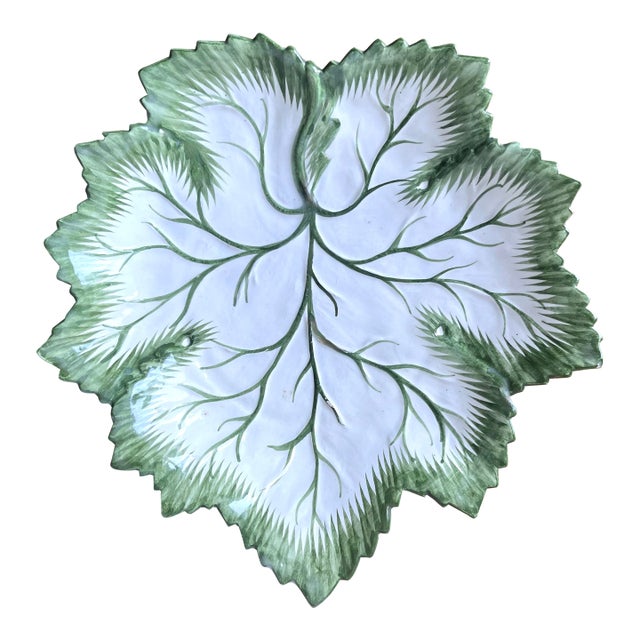 Vintage Hand-Painted 10" Faience Leaf Dish-Portugal For Sale