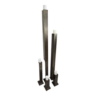 Tin Pillar Silver Candle Stands Hecho en Mexico Set of 5 For Sale