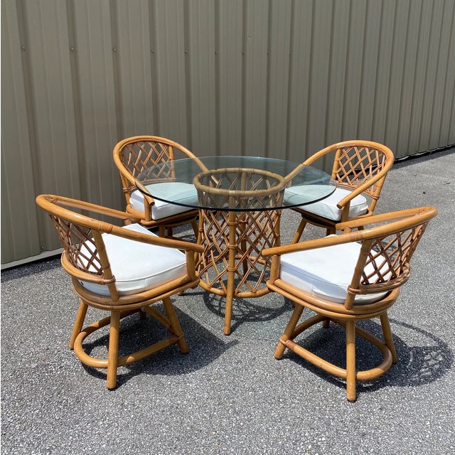 Vintage Bamboo Patio Dining Set with 4 Swivel Chairs and Tempered Glass