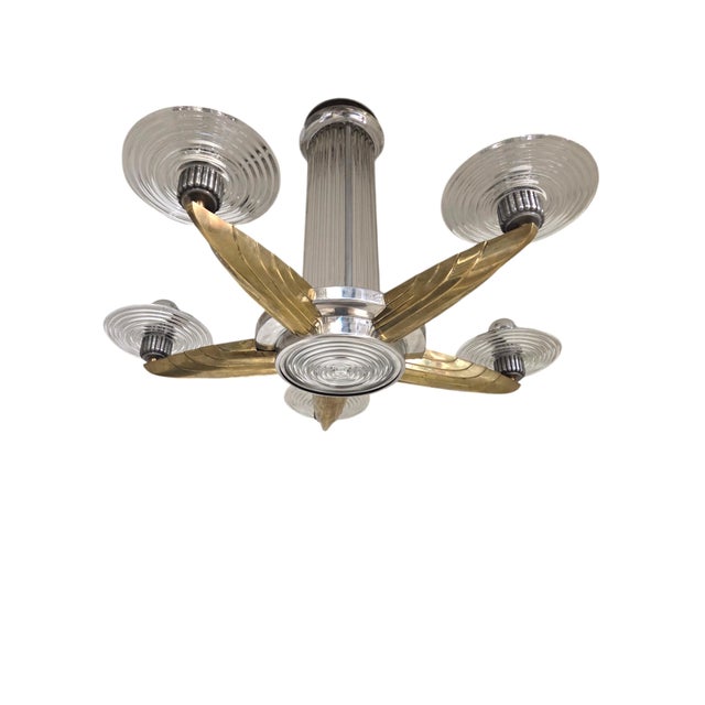 Early 20th Century Petitot Signed Bronze, Nickel, Aluminum, Glass Five Arm Skyscraper Chandelier For Sale - Image 11 of 18