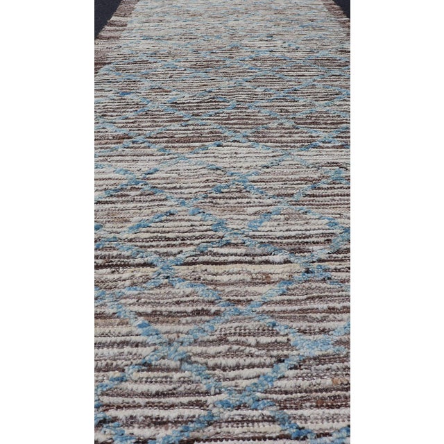 Modern Runner in All-Over Design in Cream, Sky Blue Color on a Brown Background For Sale - Image 10 of 13