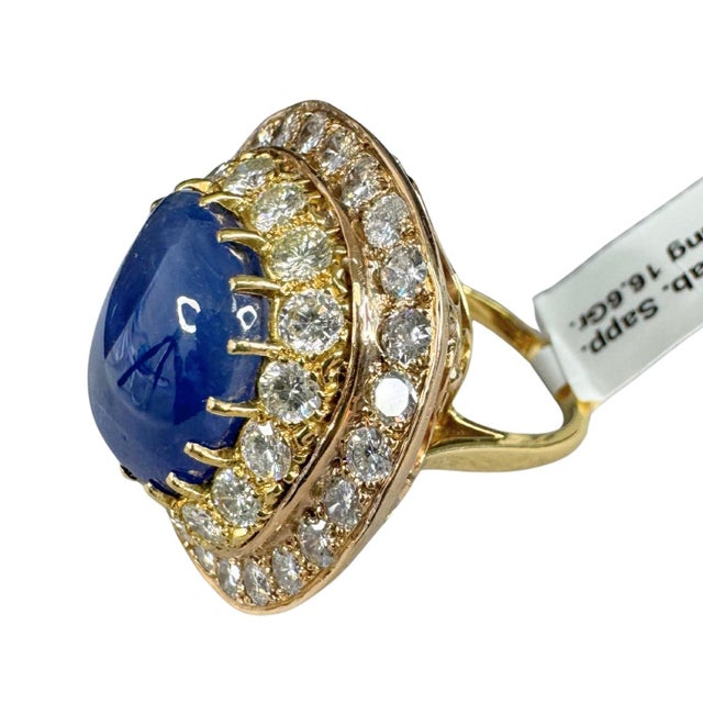 Contemporary 19.49 CTW Mid-Century No Heat Burmese Sapphire & Diamond 18k Gold Ring, Size 8 For Sale - Image 3 of 11