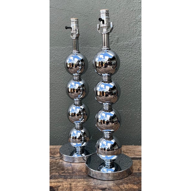 Chrome Vintage After Kovacs Stacked Chrome Sphere Lamps - Pair For Sale - Image 8 of 12