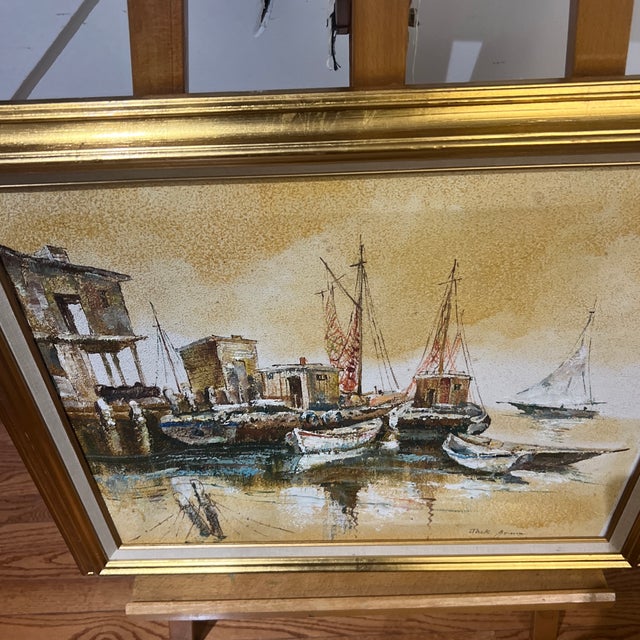 Gold 1970s Modern American Seascape Impressionist Style Oil on Canvas Titled Boats in the Harbour Framed Signed For Sale - Image 8 of 12