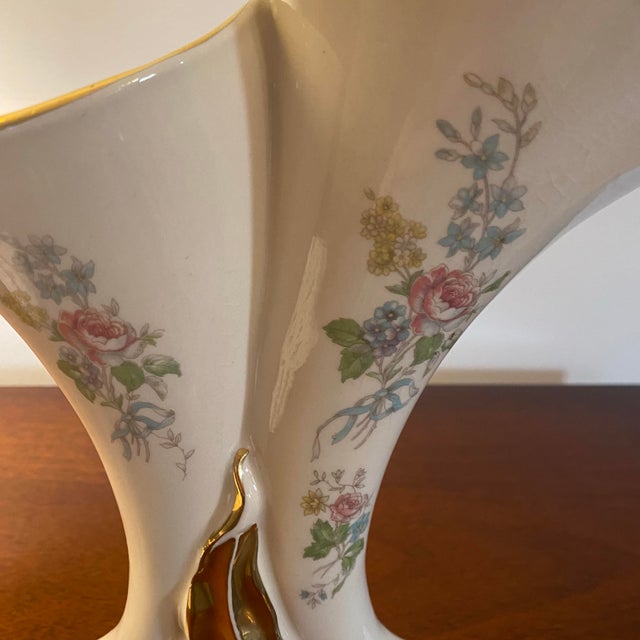 Vintage Double Cornucopia China Vase in Floral, Ivory & Gold For Sale - Image 4 of 8