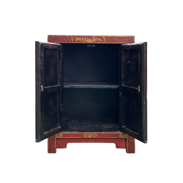 Vintage Style Red Cabinet Gold Butterfly Motifs End Table Nightstand For Sale - Image 4 of 8