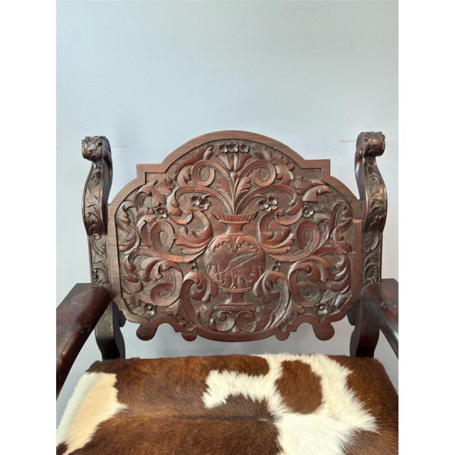 Antique Renaissance Revival Carved Walnut Throne Chair, Cowhide Seat For Sale - Image 13 of 17