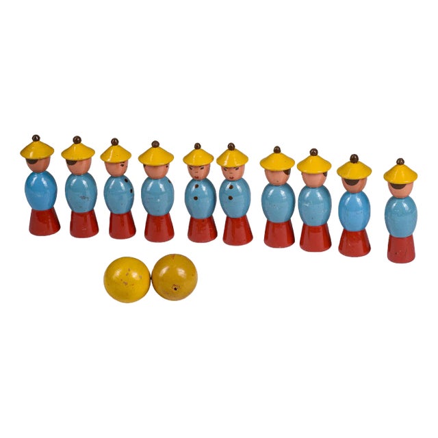 Toy Bowling Game with Figures in Yellow Hats and Balls, 1940s, Set of 12 For Sale
