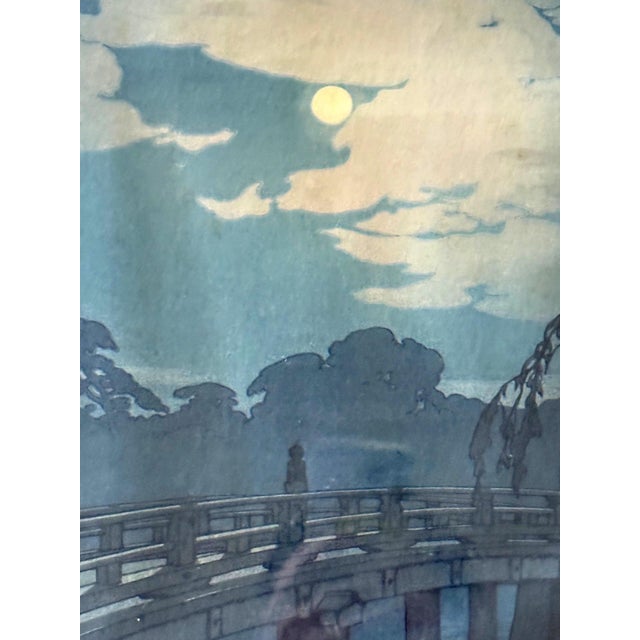 Glass Framed Japanese Woodblock Print Yoshida Hiroshi Hirakawa Bridge For Sale - Image 7 of 12