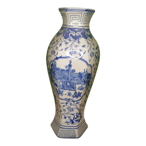 Vintage MCM Chinoiserie Blue&White Porcelain Floor Vase 14"
