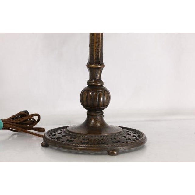 Brown 1910s Signed Oscar Bach Bronze 2-Light Table Lamp With Quality Art Glass Shades, Good Patina For Sale - Image 8 of 15