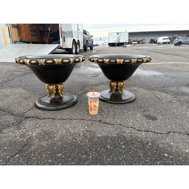 1980s Empire Style Neoclassical Black & Gold Marble Urn Pair For Sale - Image 4 of 11