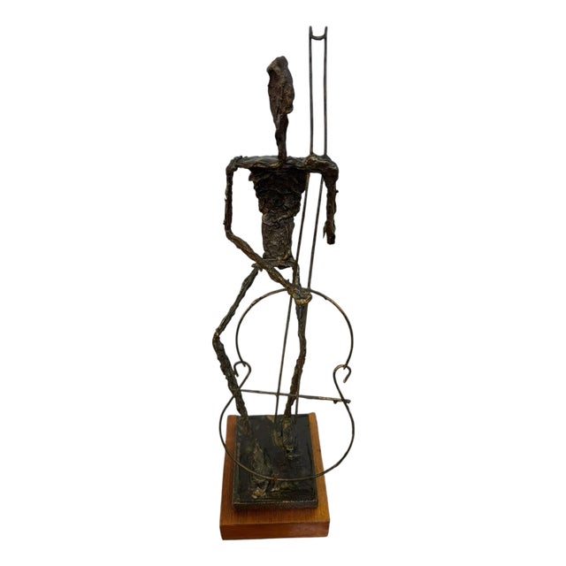 Mid-Century Brutalist Musician Figurine Sculpture on Wood Pedestal 24” H For Sale