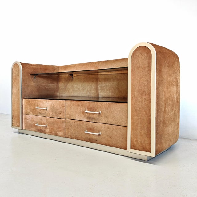 Hollywood Regency Vintage Space Age Chest of Drawers in Suede with Glass Shelf, 1970s For Sale - Image 3 of 18