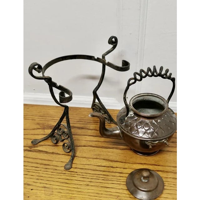 Metal Antique Copper Kettle on Wrought Iron Stand For Sale - Image 7 of 8