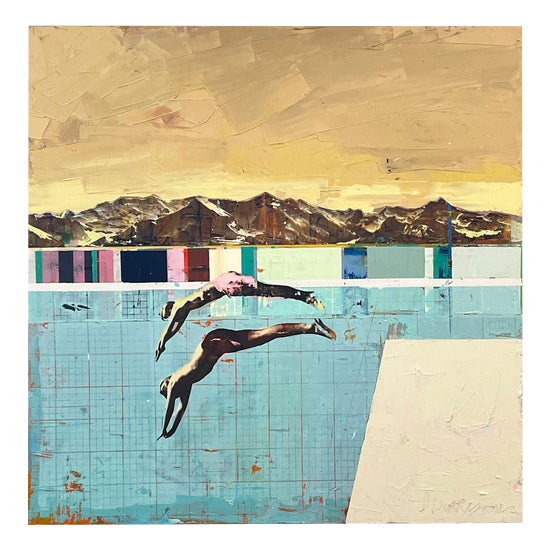 Dan Parry-Jones, Two Divers, Overcast Sky, Acrylic and Mixed Media on Board, 2024, Framed For Sale