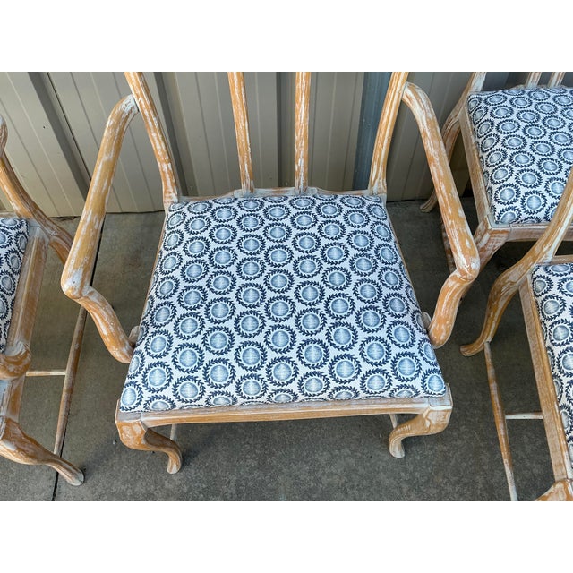 Gustavian Style Cerused Dining Chairs in New Blue & White Linen Set of 8 For Sale In Atlanta - Image 6 of 15