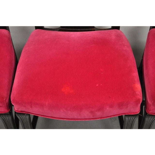 Wood Antique Edwardian Floral Carved Mahogany Red Mohair Dining Chairs - Set of 4 For Sale - Image 7 of 11