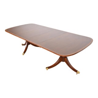 Baker Furniture Style Georgian Banded Mahogany Double Pedestal Extension Dining Table, Newly Refinished For Sale