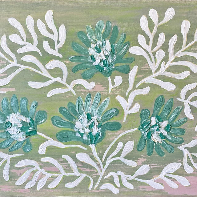 Chinoiserie Original Framed Peony Garden Painting Green Floral Wall Art Acrylic Oil on Canvas in Gold Bamboo Frame, 16x20 Botanical Boho Home Decor For Sale - Image 3 of 4