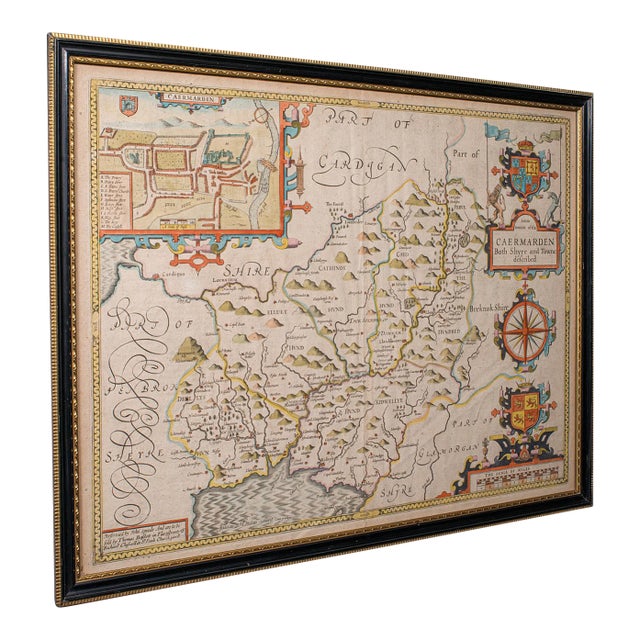 Antique Carmarthenshire County Map, Framed Wales Cartography, John Speed, c.1662 For Sale