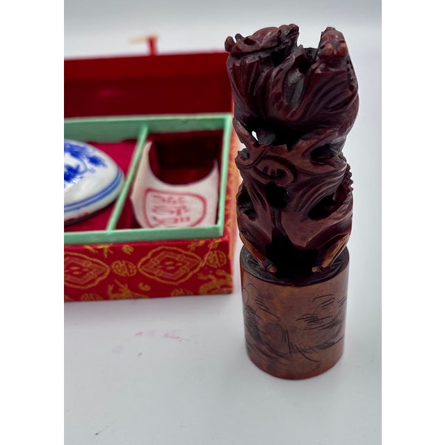 Chinese Vintage Chinese Dragon Hand Carved Soapstone Shop Seal & Red Ink Pot Set For Sale - Image 3 of 12