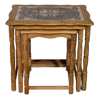 Oak Ceramic Tile-Top Nesting Tables Set of 3 With Spindle Legs Traditional Vintage For Sale