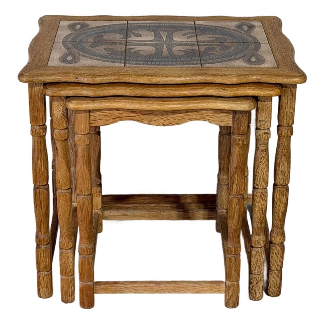 Oak Ceramic Tile-Top Nesting Tables Set of 3 With Spindle Legs Traditional Vintage For Sale