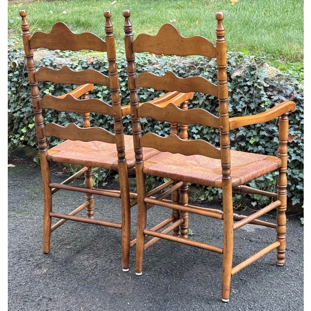 Pair of Rustic English Country Ladder-Back Armchairs With Woven Rush Seats For Sale - Image 4 of 12