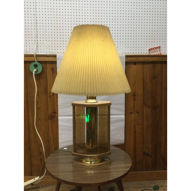 1980s Vintage Oak Table Lamp With Brass Accents and Pleated Shade For Sale - Image 5 of 12