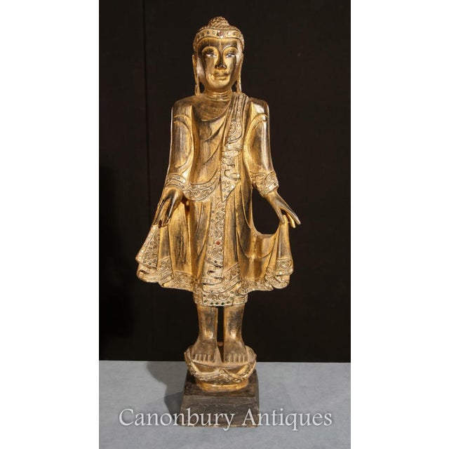 Brown Gilded Hand Carved Standing Buddha Statue Tibetan Buddhist Art For Sale - Image 8 of 8