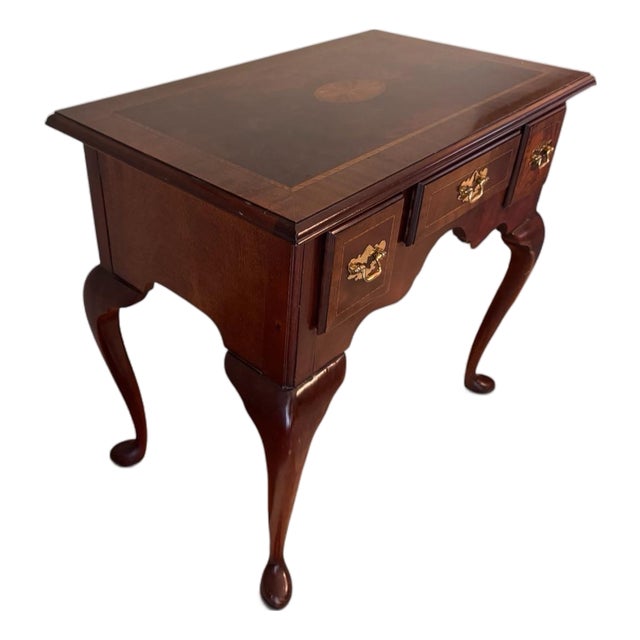 1980s Queen Anne Style Inlaid Mahogany Lowboy Table With Three Drawers For Sale