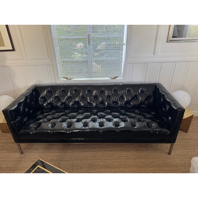 Custom Edelman Black Patent Leather Tufted Tuxedo Sofa For Sale In Los Angeles - Image 6 of 14