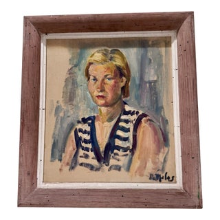 Mid 20th Century Portrait Painting Attributed to Nicolas De Molas Oil on Canvas Framed For Sale