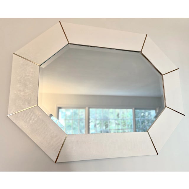 Karl Springer White Lacquered Snake Skin Embossed and Brass Mirror For Sale - Image 9 of 10