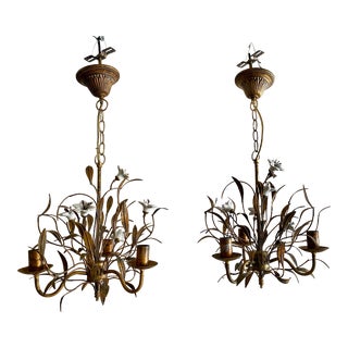 Vintage Tole Metal Chandelier With Glass Flowers - a Pair For Sale