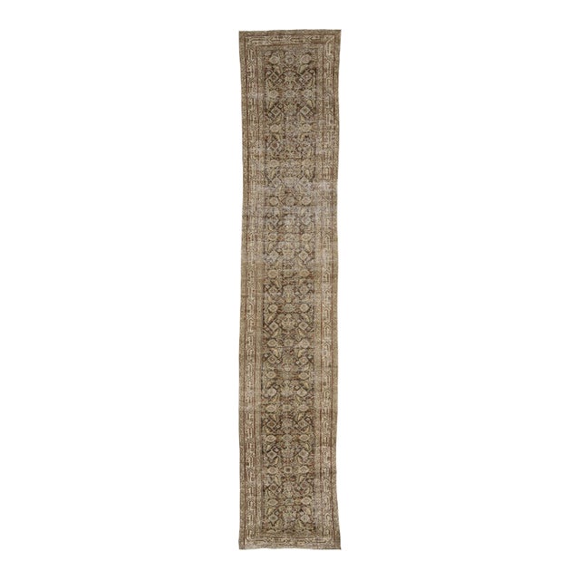 19th Century Antique Malayer Wool Hallway Runner Rug in Earthy Neutrals For Sale