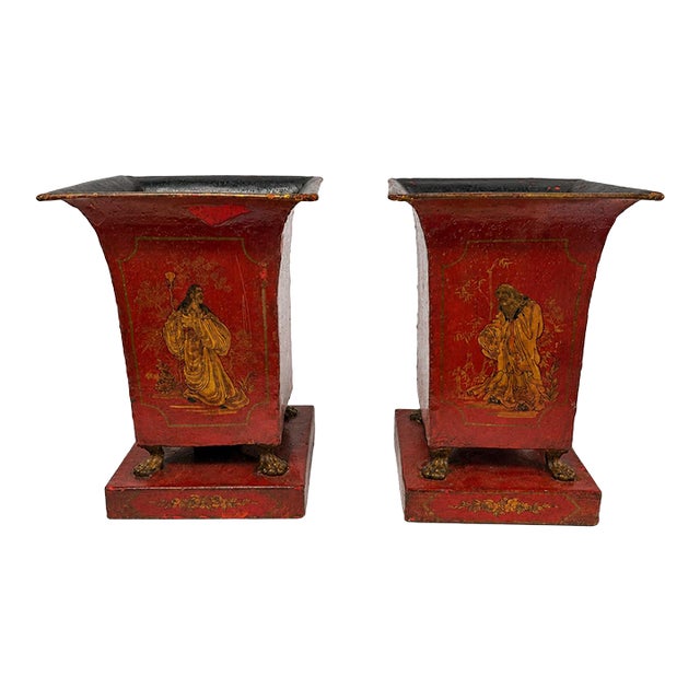 Pair of Large Italian Chinoiserie Decorated Red Tole Neoclassical Planters For Sale