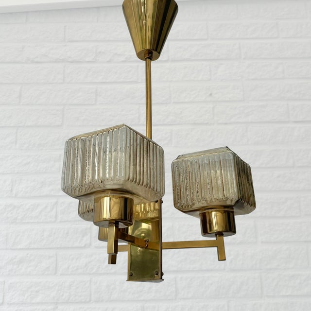 Mid-Century Modern Scandinavian Modern Chandelier in Brass and Glass with Three Arms, Sweden, 1960s For Sale - Image 3 of 8